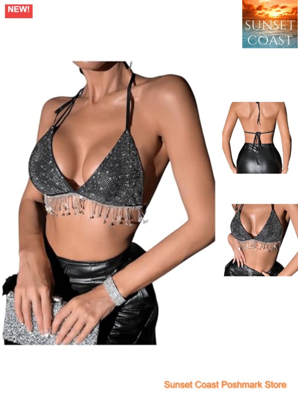 Sequin Halter Backless Fringe Crop Top Party Club Glitter